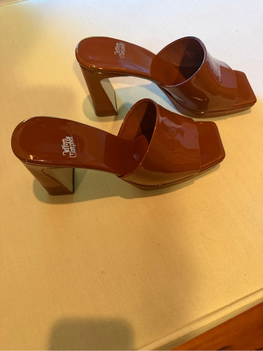 Jeffrey Campbell Patent Mule Heels in Rust Brown